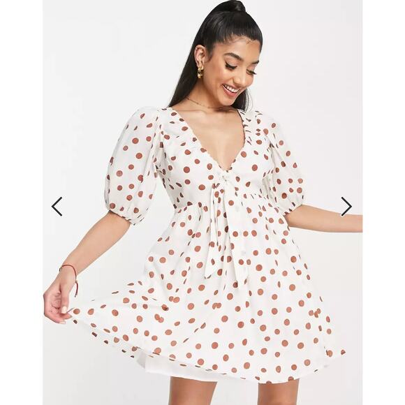 Abercrombie White Brown Polka Dot Puff Sleeve Mini Dress - Picture 5 of 13
